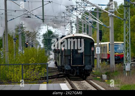 Berlin macht Dampf eine Schnellzugdampflok der Baureihe 03 2155-4 zieht am 20. April 2024 einen Zug mit Fahrgästen vorbei am Bahnhof Schöneweide in Berlin Treptow in Richtung Berliner Innenstadt. Berlin Berlin Deutschland Aktuelles 0001268 *** Berlin macht Dampf Eine Schnelldampflokomotive der Baureihe 03 2155 4 zieht am 20. April 2024 einen Zug mit Passagieren am Bahnhof Schöneweide in Berlin Treptow in Richtung Berliner Innenstadt Berlin Berlin Deutschland News 0001268 Stockfoto