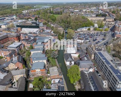 Luftaufnahme von Oxford entlang des Castle Mill Stream, Großbritannien. Stockfoto