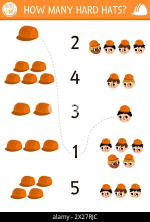 Passen Sie das Baustellenspiel „Numbers“ mit Bauarbeitern und Schutzhelmen zusammen. Bauarbeiten mathematische Aktivität für Vorschulkinder. Reparaturservice Schulungsangebot Stock Vektor