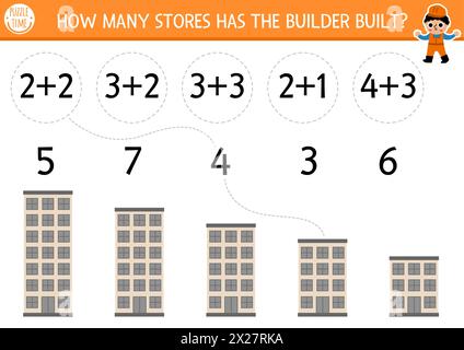 Stimmen Sie das Spiel der Baustelle mit dem Bauherren und Bauherren ab. Mathe-Aktivität für Vorschulkinder mit Arbeiter. Arbeitsblatt zur Zählung von Bildungseinrichtungen. Wie Stock Vektor