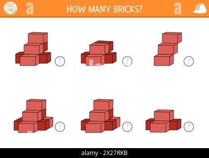 3D-Zählung Baustellenspiel mit Ziegeln. Mathematische und logische Aktivität für Vorschulkinder mit Baumaterial. Arbeitsblatt zur Zählung von Bildungseinrichtungen. H Stock Vektor