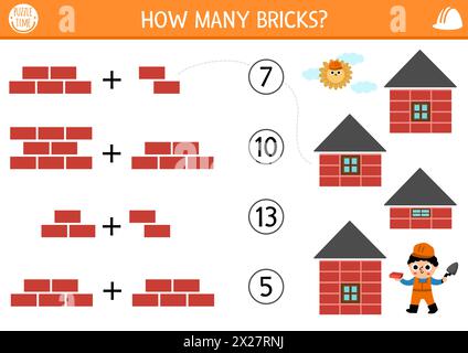 Stimmen Sie das Spiel der Baustelle mit dem Baumeister und den Gebäuden ab. Mathe-Aktivität für Vorschulkinder mit Arbeiter. Arbeitsblatt zur Zählung von Bildungseinrichtungen. Wie Stock Vektor