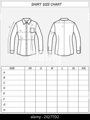 Größentabelle für Business-Hemden. Klassische Sketch mit Tragen vorne und hinten. Abmessungen der Kleidung. CAD-Modell für Frauen. Technische Zeichnungsvorlage Vektorillustration Stock Vektor