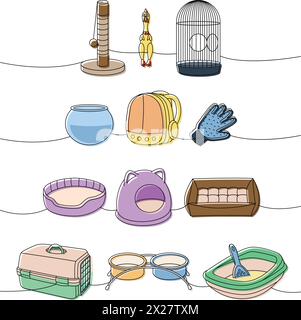 Sammlung von Tierzubehör. Medaille, Schere, Nagelschneider, Bürste, Fellentferner, aquarium, Rucksackträger, Haarentfernerhandschuh, tragbarer Wasserbehälter Stock Vektor