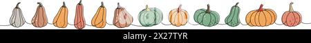 Kürbisset. Kürbisse, eine Linie farbige, kontinuierliche Zeichnung. Herbst halloween Gemüse durchgehende 1-zeilige Illustration. Vektorabbildung. Stock Vektor