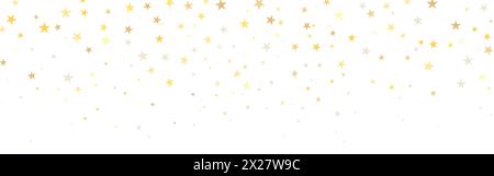 Goldene Sterne im Hintergrund. Weihnachtsdekoration. Zauberkonfetti-Komposition für Grußkarte oder Einladung. Glänzende, fliegende Elemente. Goldene Partikel Stock Vektor