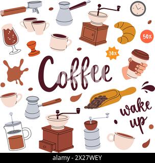 Kaffeeset. Cafe-Menü, Café-Bar. Bohnen, Getränke, Tassen, Topf, Paket, Schleifmaschine, Filter, Maschine, Portafilter, Wasserkocher. Stock Vektor