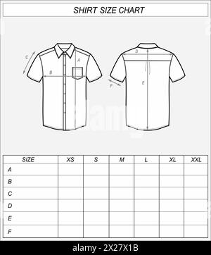 Größentabelle für Business-Hemden. Klassische Sketch mit Tragen vorne und hinten. Abmessungen der Kleidung. CAD-Modell für Männer. Technische Zeichnungsvorlage Vektorillustration Stock Vektor