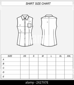 Größentabelle für ärmellose Business-Hemden. Klassische Kleidung vorne hinten. Abmessungen der Kleidung. CAD-Modell für Frauen. Technische Zeichnungsvorlage Vektorillustration Stock Vektor
