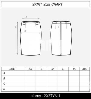 Größentabelle für Business-Rock. Klassische Sketch mit Tragen vorne und hinten. Abmessungen der Kleidung. CAD-Modell für Frauen. Technische Zeichnungsvorlage Vektorillustration Stock Vektor
