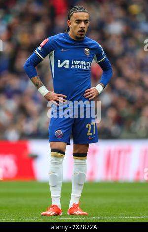 London, Großbritannien. April 2024. Malo Gusto von Chelsea während des Halbfinalspiels Manchester City gegen Chelsea im Wembley Stadium, London, Vereinigtes Königreich, 20. April 2024 (Foto: Gareth Evans/News Images) in London, Vereinigtes Königreich am 20. April 2024. (Foto: Gareth Evans/News Images/SIPA USA) Credit: SIPA USA/Alamy Live News Stockfoto