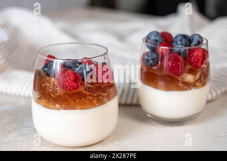 Nahaufnahme eines einzelnen Beerenparfaits mit saftigen Himbeeren und prallen Heidelbeeren auf goldenem Fruchtgelee, in einem geschwungenen Glas gewogen, ein visueller Leckerbissen Stockfoto