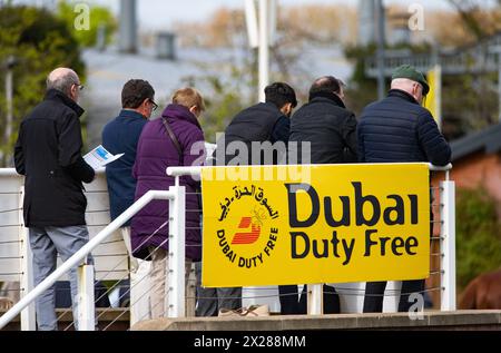 Die Zuschauer in Newbury beobachten die Läufer im Parade Ring am Spring Trials Samstag, den 20. April 2024. Stockfoto