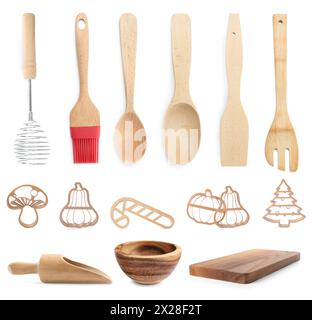 Schneebesen und andere Küchenutensilien isoliert auf weiß, Sammlung Stockfoto