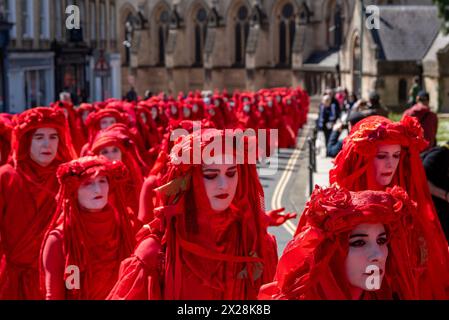 Bath, UK. April 2024. Rote Rebellen marschieren während der Zeremonie „Beerdigung für die Natur“ auf der Straße von Bath. Extinction Rebellion hielt einen „Begräbnis für die Natur“-marsch quer durch Bath, Großbritannien. Chris Packham und Megan McCubbin (beide Fernsehmoderatoren) nahmen zusammen mit 400 Red Rebels an der marsch Teil. (Foto: Krisztian Elek/SOPA Images/SIPA USA) Credit: SIPA USA/Alamy Live News Stockfoto