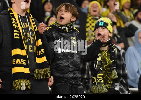 Columbus, Ohio, USA. April 2024. Die Fans der Columbus Crew bejubeln ihr Team gegen die Portland Timbers in ihrem Spiel in Columbus, Ohio. Brent Clark/Cal Sport Media/Alamy Live News Stockfoto