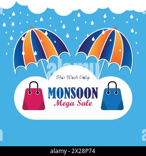 Monsun Mega Sale Banner mit Regen Hintergrund und Regenschirm und Einkaufstaschen. Vektorabbildung. Stock Vektor