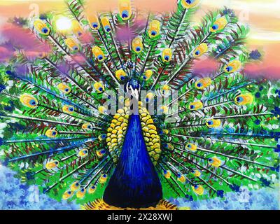 Originales Ölgemälde, süßer Pfauenvogel und Pfauenvogel Stockfoto