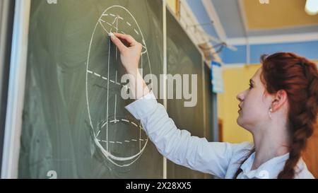 Ein rothaariges Schulmädchen zeichnet geometrische Formen auf dem Spielbrett. Stockfoto