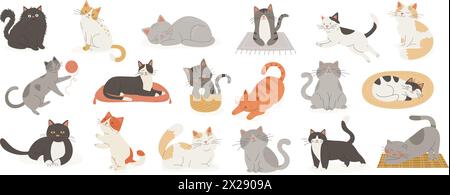 Niedliche Cartoon Cats Kollektion. Flat Color Vector Cat Icon Set in verschiedenen Posen - Schlafen, Dehnen, Spielen, Sitzen. Lustiges und süßes Haustier Stock Vektor