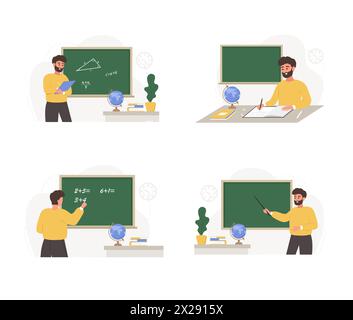 Männliche Lehrer im Klassenzimmer. Verschiedene männliche Charaktere beim Vortrag an der Tafel. Schul- und Hochschulkonzept. Vektor-Illustration in flachem Cartoon Stock Vektor