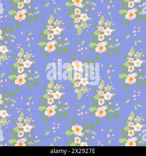 Nahtloses Muster traditionelle Blumen Apfelbaum Zweig blauer Hintergrund Textur Hand gezeichnet Folk weiße Blütenblätter grün Gänseblümchen Blätter helles Ornament Vektor flache Illustration Stock Vektor