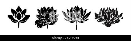 Lotus, Wasserlilie Blume schwarz Silhouetten Set. Stock Vektor