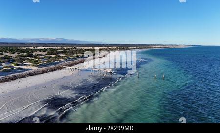 Aus der Vogelperspektive eines alten, hölzernen Piers am Strand in Eucla, Western Australia Stockfoto