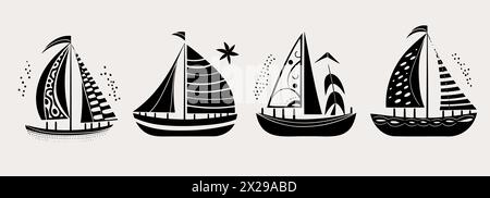 Sammlung von vier Silhouetten auf weißem Hintergrund. Schwarzes Silhouettenset für Schiff und Marineboote. Kleine und große Seeschiffe. Vektor-lin Stock Vektor