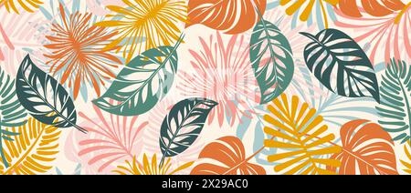 Nahtloses Vektormuster von bunten tropischen Blättern Blumen. Kreatives Kunstwerk mit einem flachen, nahtlosen Muster aus tropischen Blättern, Blumen und Schönheit Stock Vektor