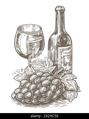 Weinflasche und Glas, Traubengruppe. Weingut, Skizze des Weinbergs. Vintage-Vektor-Illustration Stock Vektor