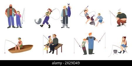 Angler fischen auf Fisch, Fischset. Fischer sitzend im Boot oder Holzstuhl auf Pier, Mann und Frau, Kinder halten Angelrute, um Forelle im Teich, Fluss oder Meer Cartoon Vektor Illustration zu fangen Stock Vektor