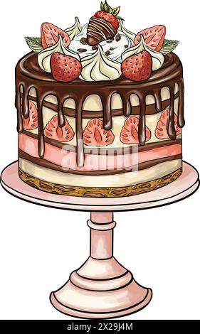 Süßer bento-Kuchen in Form. Ein Kuchen auf einem Stand. Zum Valentinstag und zum Jubiläum Gebäck. Love Sticker für Collage Design. Stock Vektor