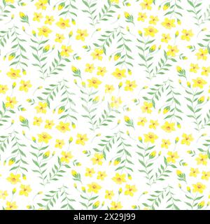 Botanische nahtlose Musterillustration mit grünen Zweigen und gelben Blumen auf weißem Hintergrund. Frühlings- und Sommermotiv. Stockfoto