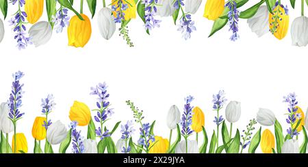Handgezeichnete Aquarellillustration. Nahtlose Blumenränder mit bunten weißen und gelben Tulpen und blauem Lavendel. Oben und unten Stockfoto