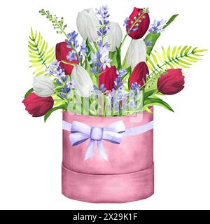 Handgezeichnete Aquarellillustration. Blütenkomposition mit weißen und roten Tulpen, Lavendel, Farn und grünen Blättern. Frühlingsblumen in der Geschenkbox. Bea Stockfoto