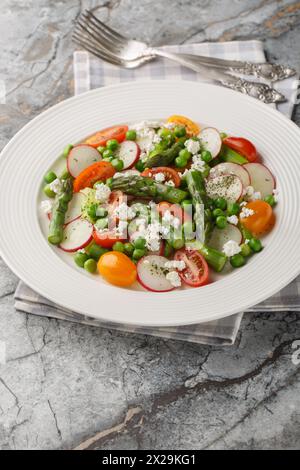 Frühlingssalat mit Spargel, Radieschen, Kirschtomaten, grünen Erbsen und Ziegenkäse in Nahaufnahme auf einem Teller auf dem Tisch. Vertikal Stockfoto