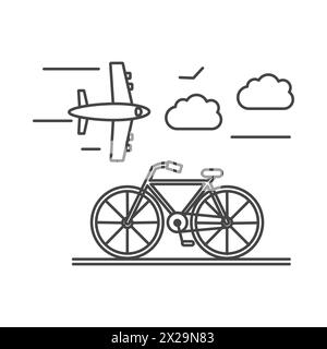 Verkehrslinie Symbol, Fahrrad auf der Straße und fliegendes Flugzeug Vektor Illustration Stock Vektor