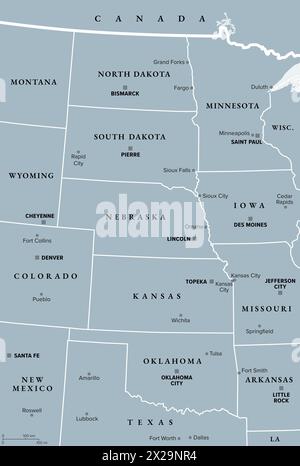 Great Plains Region der Vereinigten Staaten, graue politische Karte. Manchmal sind die Plains ein ausgedehntes Flachland in Nordamerika. Stockfoto