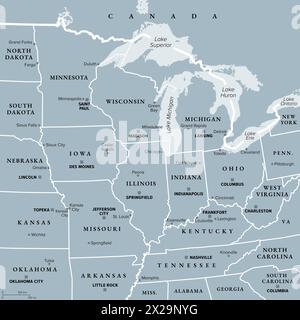 Region Mittlerer Westen der Vereinigten Staaten, graue politische Karte. Mittlerer Westen der Vereinigten Staaten oder amerikanischer Mittlerer Westen, eine geografische Region südlich der Großen Seen. Stockfoto