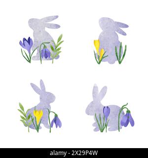 Osteraquarell Set mit süßen Kaninchen und Frühlingsblumen. Vektorabbildung Stock Vektor