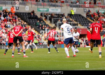 Leigh, Großbritannien. April 2024. Leigh, England, 21. April 2024: Jessica Naz (7 Tottenham Hotspur) erzielt das zweite Tor ihres Teams während des FA Womens Super League-Spiels zwischen Manchester United und Tottenham Hotspurs im Leigh Sports Village (Promediapix/SPP). /Alamy Live News Stockfoto