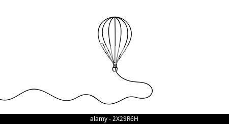 Kontinuierliche Einzeilenzeichnung eines Heißluftballons am Himmel mit Wolken. Heißluftballon-Symbol im einzeiligen Doodle-Stil Stock Vektor