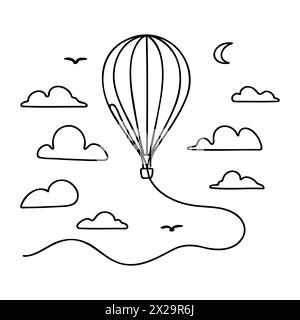 Kontinuierliche Einzeilenzeichnung eines Heißluftballons am Himmel mit Wolken. Heißluftballon-Symbol im einzeiligen Doodle-Stil Stock Vektor