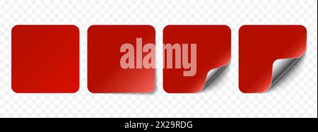 Vektorrote, realistische Papieraufkleber, verkaufen Etiketten isoliert auf transparentem Hintergrund. Satz quadratischer Aufkleber, gekrümmt mit silberner Ecke und weichen Schatten. Stock Vektor