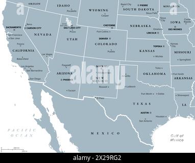 Südwestliche Region der Vereinigten Staaten, graue politische Karte. Staaten des amerikanischen Südwestens, einfach Südwesten. Geografische und kulturelle Region. Stockfoto