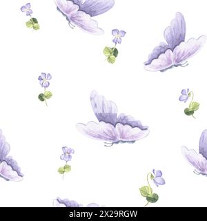 Schmetterlinge mit nahtlosem Blumenmuster. Wasserfarben fliegende Insekten. Frühling Sommer handgezeichnete Illustration. Tropisches Wildtier. Zeichnung floraler templ Stockfoto