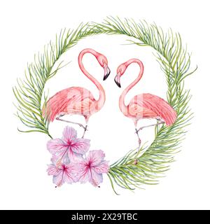 Zwei Flamingovögel mit Hibiskusblüten und Palmenzweigen, Aquarellkomposition. Handgezeichnete Illustration isoliert auf weißem Hintergrund. Stockfoto