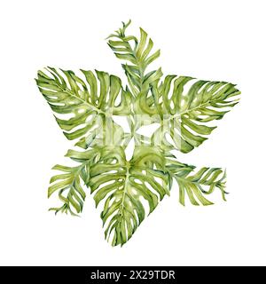 Grüne tropische Blätter Aquarellkomposition. Monstera- und Bananenpflanzen handgezeichnete Zweige isoliert auf weißem Hintergrund. Botanische Illustration Stockfoto