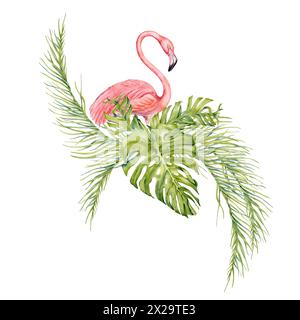 Rosafarbener Flamingovogel mit Bananen und Palmenzweigen mit Monsterablättern, Aquarellkomposition. Handgezeichnete Illustration isoliertes Clipart Stockfoto